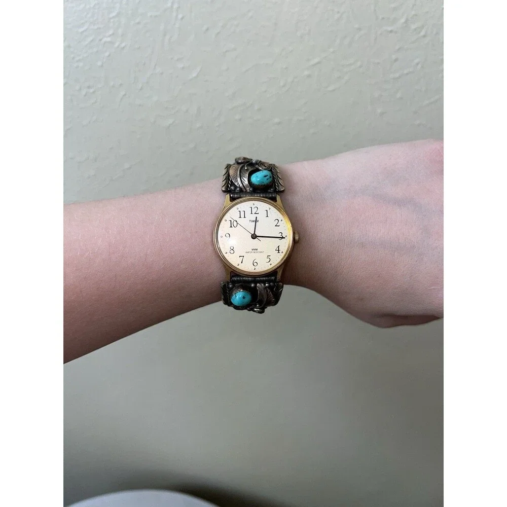 VTG TIMEX 12K TURQUOISE WATCH BAND FLORAL WATER RESISTANT BASE METAL BEZEL